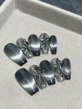 Yeknu  10pcs/Set Extra-Long Coffin Nails Gradient Black Cat Eye Rhinestone Detachable Press-On Manicure With Jelly Gel