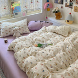 Yeknu Cartoon Bedding Set Ins Korean Towel Embroidery Bed Linen Flat Sheets Set 2 Pillowcases Twin Double Queen Size Duvet Cover Set