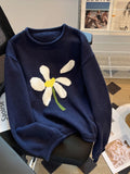 Yeknu  Women's Navy Pullover Sweater Harajuku Y2k Long Sleeves O-Neck Sweaters 90s Aesthetic Vintage 2000s Fashion Clothes Autumn