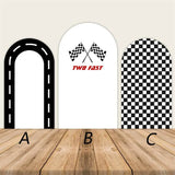 Yeknu  Custom 2-Sided Racing Theme Black White Two Fast Kids Birthday Party Baby Shower Cover Chiara Arch Decor Backdrop Photo