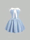 Yeknu  Sweetra Women's Cute Off-Shoulder Bow-Tie A-Line Mini Dress, Sweet & Pure, Suitable For Birthday Party, Royal Blue
