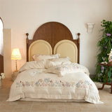 Yeknu Natural Cotton Linen Vintage French Flowers Embroidery Luxury Bedding Set Duvet Cover Flat/Fitted Bed Sheet Pillowcases 4Pcs