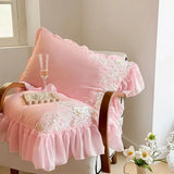 Yeknu 2Pcs Pink White Rose Embroidery Lace Ruffles Pillowcases Cotton Pillow Cover Sweet Princess Decor Bedroom Decorative Pillowslip