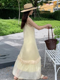 Yeknu  Summer Cross Halter Long Dress French Style Splicing Tassel Hem Holiday Style Bohemian Dresses Women Casual Beach Dress