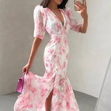 Yeknu  Summer Autumn Vacation Print Long Women's Dress Sexy Deep V-neck Split Short Puff Sleeve Pleated Female Robes Outwear New