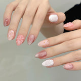 Yeknu  10pcs Handmade Short Almond Press on Nails Ice Clear Milk Tea Fake Nails Wearable Reusable 3D Carved Flower Cat Eye False Nails