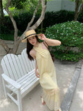 Yeknu  Summer Cross Halter Long Dress French Style Splicing Tassel Hem Holiday Style Bohemian Dresses Women Casual Beach Dress