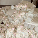 Yeknu  1000TC Egyptian Cotton Bedding Set Duvet Cover Flat Bed Sheet Pillowcases, Floral Embroidery Ruffles Luxury Bed Linens
