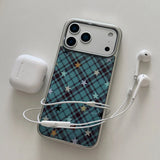 Yeknu  Blue Brown Diamond Plaid Grid Star Phone Case For iPhone 17 16 15 14 Pro Max 13 Case Luxury Silver Edge Protective Back Cover