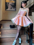 Yeknu  New Pink Splicing White Cute Short Dress Summer Sleeveless Lace-up Waist Princess Puffy Dress Women's Clothing