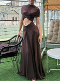 Yeknu  Women Ruched Cutout Maxi Dress Solid Mesh Yoke High Neck Evening Elegant Women Vestido Fashion Glamorous Lady Party Gown