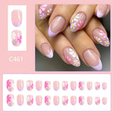 Yeknu  24Pcs Short Almond Press-On Nails Pink Floral French Tip Glossy&Elegant Full Cover Fake Nails for Women&Girls Spring,Daily Wear