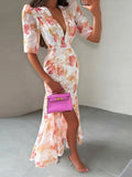 Yeknu  Summer Autumn Vacation Print Long Women's Dress Sexy Deep V-neck Split Short Puff Sleeve Pleated Female Robes Outwear New