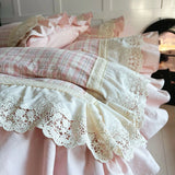 Yeknu Vintage French Plaid Lace Ruffles 100% Cotton Bedding Set Duvet Cover Set Bed Sheet/Bed Skirt/Fitted Sheet Pillowcases 4Pcs