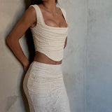 Yeknu  Women's Lace Skirt Set Backless Strappy Sleeveless Top Long Skirt Two-piece Set Sexy Casual