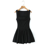 Yeknu  Summer Square Neck Sleeveless Slimming Tutu Dress Women Elegant Solid Color Ruffled Hem Cute Mini Dress