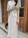 Yeknu  Summer Long Dress Women Irregular Pleated Fashion Short Sleeve Ladies Dresses Korean Style Loose Ruffle Woman Dress