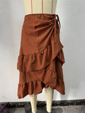 Yeknu  Summer Elegant High Waisted Ruffle Pleated Midi Skirt Women Wrap Casual Summer Beach Ladies Skirts Tiered Side Tie