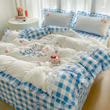 Yeknu Peter Garden Rabbit Bedding Set Double Layer Lace Plaid Duvet Cover Set Bed Sheets Set Pillowcase Single Double Queen Size Decor
