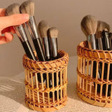 Yeknu  Retro bamboo woven ins makeup brush storage tube, woven pen holder, high beauty dressing table desktop multifunctional storage