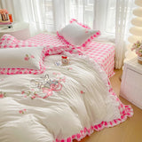 Yeknu Peter Garden Rabbit Bedding Set Double Layer Lace Plaid Duvet Cover Set Bed Sheets Set Pillowcase Single Double Queen Size Decor