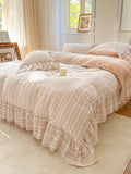 Yeknu  Premium 100% Cotton Bedding 4Pcs Set, Elegant Ins French Plaid Cotton Bed Skirt Bed Sheet Quilt Cover, Ruffle Edge Duvet Covers