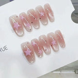 Yeknu  10pcs Star and Ripple Handmade Nails Painted Pink Press on Nail Medium Oval Full Coverage Nail Tips for Women&Girl False Nail