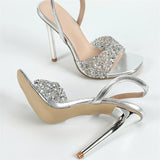 Yeknu  Silver Bling Sequin Cloth PVC Transparent Square Toe Women Sandals Sexy Stiletto High Heels Party Prom Female Shoes