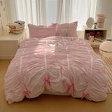 Yeknu  Solid Color Pleated Textured Soft Breathable Chic Princess 4pcs Bedding Set, Delicate Bows Twin Duvet cover Bed sheet Pillowcase