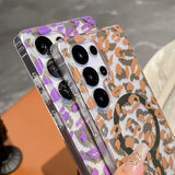Yeknu  Leopard Clear Case For Samsung Galaxy S25 S24 Ultra Plus S24FE S25edge For Magesafe Magnetic Wireless Charge PC+TPU Back Cover
