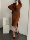 Knitted Autumn Winter V-Neck Dress Women Korean Style Loose Fashion Split Ladies Dresses Casual Woman Long Dress