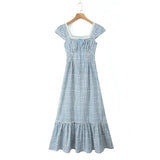 Yeknu  New Retro Plaid Midi Dress Spliced Lace Drawstring Square Neck Elegant Dresses Women Short Sleeve Slim Fit Summer Dress