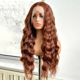 Yeknu  Brown Wig Long Curly Wavy Synthetic Middle Part Loose Deep Wave Auburn Colored 13X4 Frontal Wigs for Women Daily Party