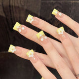 Yeknu  10Pcs Duckbilled Yellow French Artificial Nails 3D White Flower Design Handmade Press on Nails Summer Wearable False Nail Tips