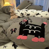 Yeknu  Korean Style Bedding Set Green Strip Black Cat Embroidery Washed Cotton  Duvet Cover Cute Cardboard  Bed linen Comforter Sets
