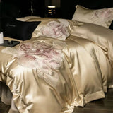 Yeknu High Precision Damask Egyptian Cotton Flowers Embroidery Luxury Bedding Set Duvet Cover Flat/Fitted Bed Sheet Pillowcasess 4Pcs