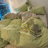 Yeknu  Countryside Forest Duvet Cover Green Leaf Embroidered Quilt Set Four Piece Set Clearance Style Small Fresh Bed Set