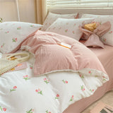 Yeknu  Textiles Soft Four-piece Bedding Set Pillowcase Purple Washed Cotton Flower Duvet Cover for Children Women Men Bed Sheet