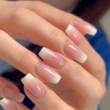 Yeknu  24Pcs Glossy Press on Nails Set Short Oval Gradient French Nail Tips Reusable Full Cover Fake Nails with Glue for Women&Girls
