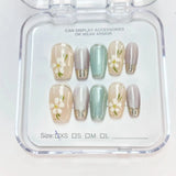 Yeknu  10pcs Ombre Cat-Eye Handmade Nails Floral Gold Leaf Press on Nail Short Square Full Coverage Nail Tips for Women&Girl False Nail