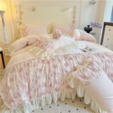 Yeknu  Flowers Lace Ruffles Princess Wedding Bedding Set Full Queen King Duvet Cover Bed Skirt/Bed Sheet/Fitted Sheet Pillowcases 4Pcs