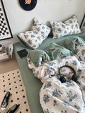Yeknu Korean Style Ins Retro Fresh Floral Washed Cotton Bed Four Piece Duvet Set, Student Dormitory Bed Sheet Three Piece Set
