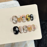 Yeknu  10pcs Short Coffin Handmade Press on Nails Baroque Style Metal Pearl False Nails Colorful Flower Nail Tip Cat Eye Fake Nails Art