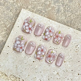 Yeknu  10pcs Mini Flower Fake Nails Short Square Press on Nails Glitter Cat Eye False Nails Full Cover Sweet Cute Manicure Nail Art Tip