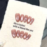 Yeknu  10pcs Handmade Oval Shaped Press on Nails Pink Purple Cat Eye Fake Nail Tips Wearable Reusable 3D Bow Design Korean False Nails