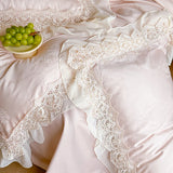 Yeknu Vintage Jacquard Lace Ruffles Wedding Bedding Set Lyocell Cotton Soft Silky Duvet Cover Set Bed Sheet Fitted Sheet Pillowcases