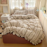Yeknu  new cream lace girl powder grid Korean version bed four-piece set washed cotton double-layer yarn quilt cover dormitory