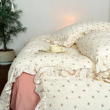 Yeknu INS Princess Ruffle Edge Gauze 100% Cotton Pillow Case Breathable Duvet Cover Without Filler 3PCS Floral Home Bedding Set