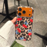 Yeknu  Niche high-end leopard print blue bow cherry chain suitable for 17promax Apple 16 mobile phone case all-inclusive edge