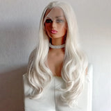 Yeknu  Long Curly Wavy Platinum Blonde Synthetic Hair Free Part Layered Natural Wave White Colored Heat Resistant Fiber Wigs for Women